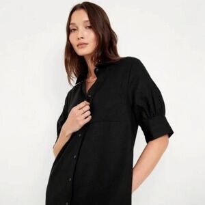 NWT Old Navy Black Linen Blend Button Down Puff Sleeve Shirt Dress Tunic XL
